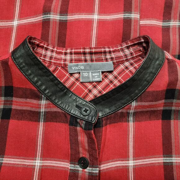 Vince. Womens Plaid Button-Down Shirt Red Black Long Sleeve Leather Band Size 10 - Picture 2 of 8